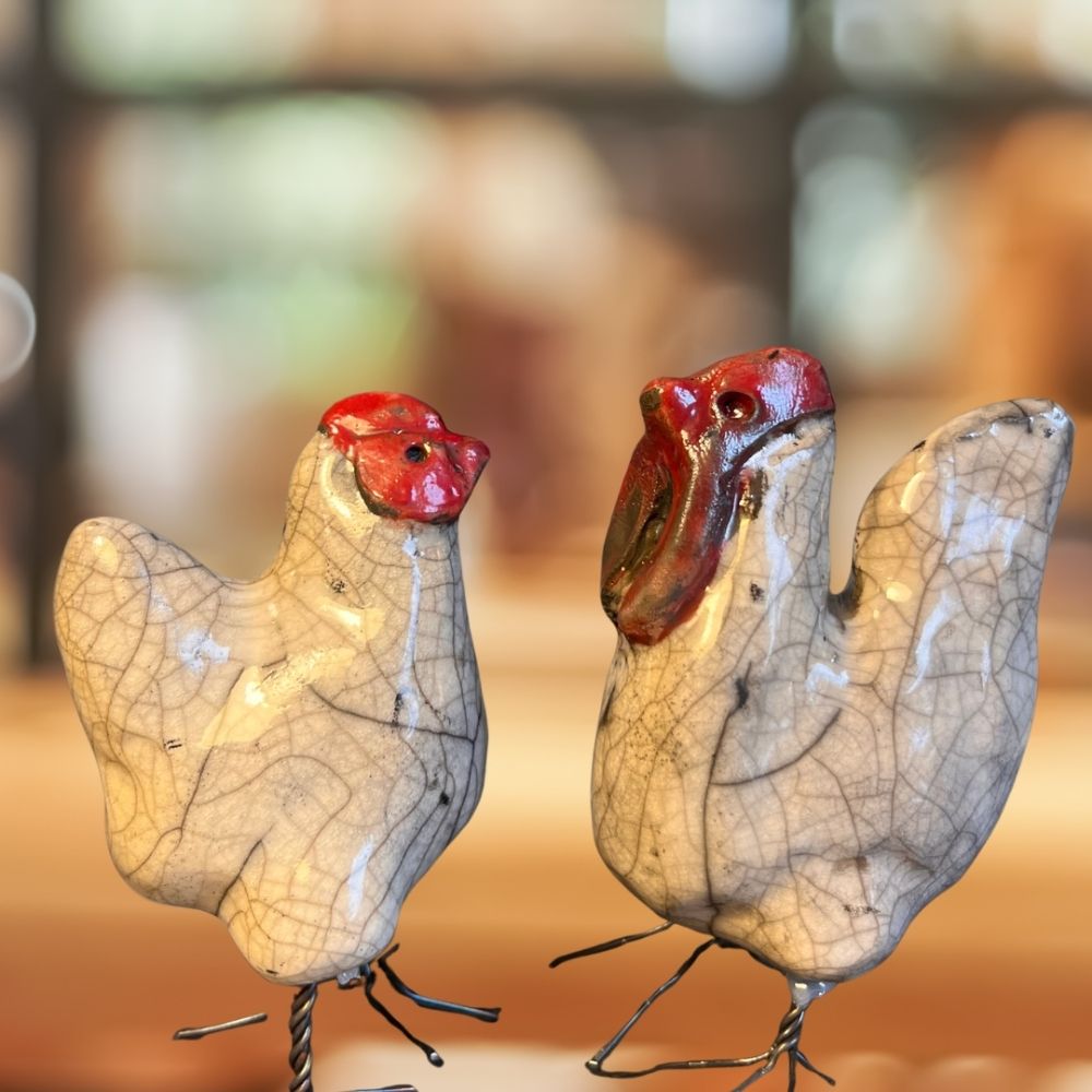 Høns - raku keramik (par)